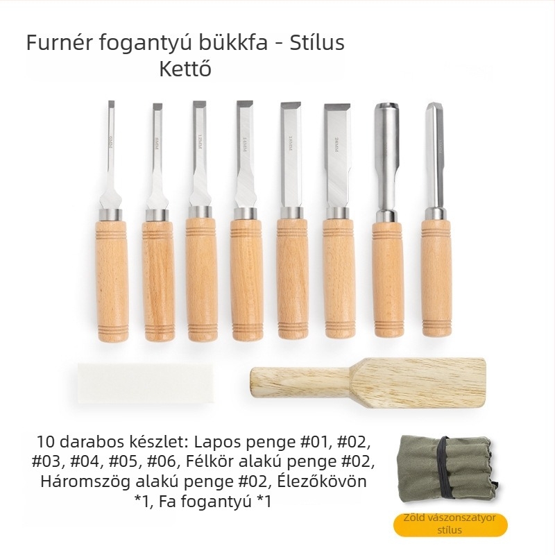 Fafaragó eszközök készlet manganacél pengékkel és bükkfa nyéllel – lapos és félköríves vésők