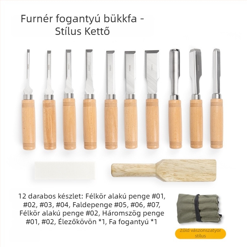 Fafaragó eszközök készlet manganacél pengékkel és bükkfa nyéllel – lapos és félköríves vésők