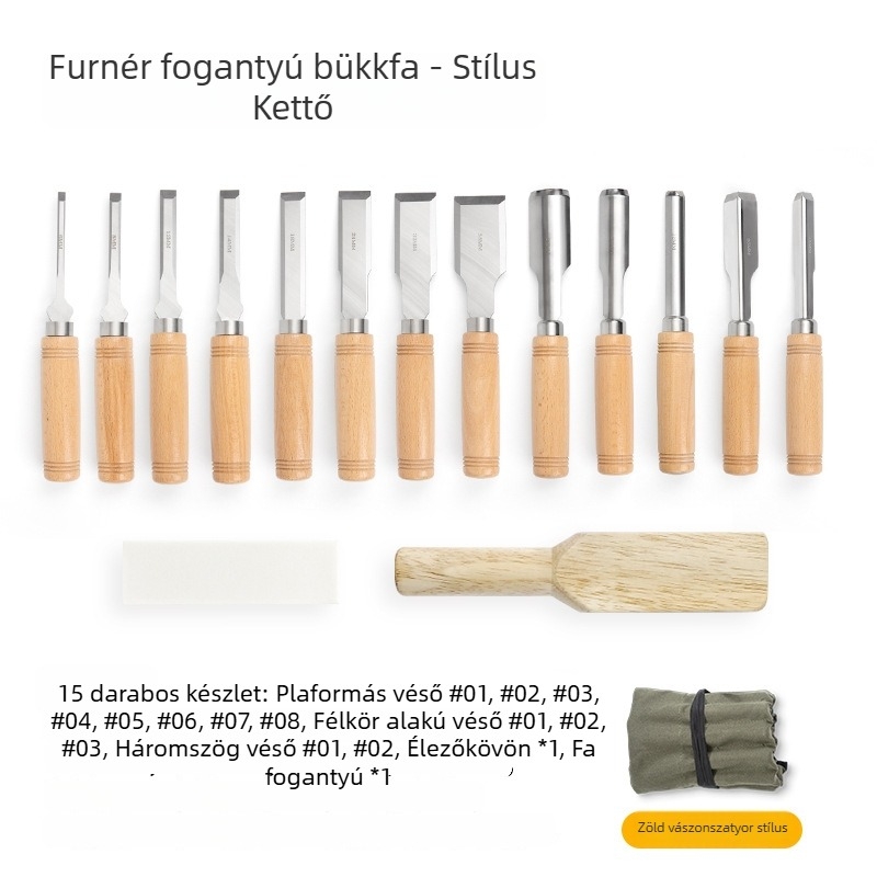 Fafaragó eszközök készlet manganacél pengékkel és bükkfa nyéllel – lapos és félköríves vésők