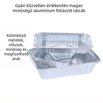 Alufóliából készült vastagított, sík sütőtepsi grillsütéshez és sütéshez, egyszer használatos csomagoló doboz házhozszállításhoz, testreszabható logó szitanyomással, biológiailag lebomló, mikrohullámú sütőben nem használható