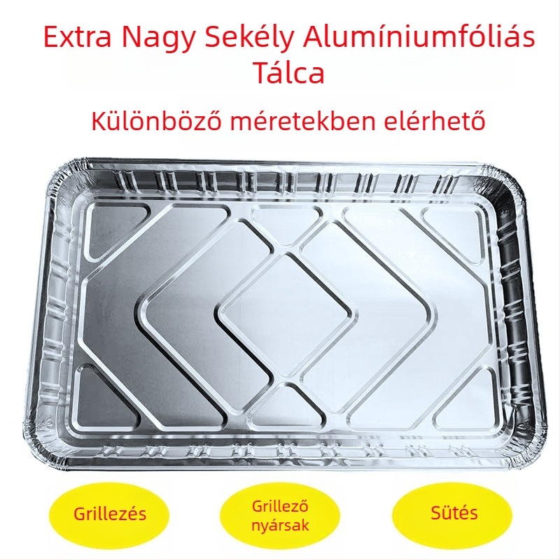 Alufóliából készült vastagított, sík sütőtepsi grillsütéshez és sütéshez, egyszer használatos csomagoló doboz házhozszállításhoz, testreszabható logó szitanyomással, biológiailag lebomló, mikrohullámú sütőben nem használható