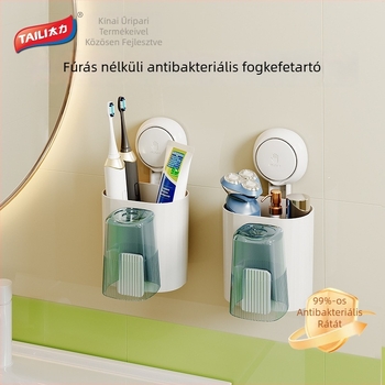 Taili fogkefetartó – falra szerelhető, szívókorongos, műanyag, szájvíz pohárral és elektromos fogkefe tartóval