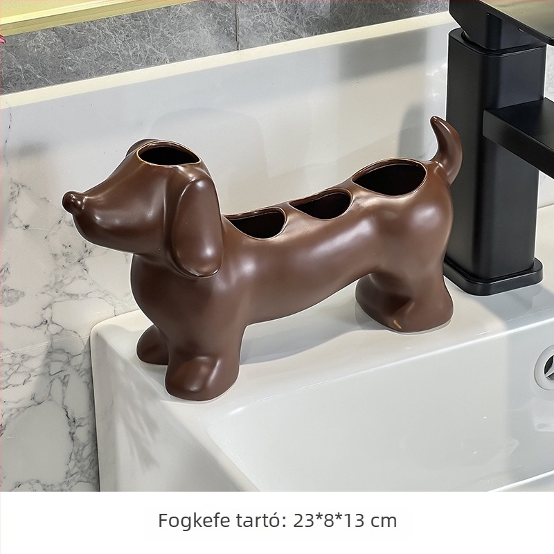 Dachshund alakú kerámia elektromos fogkefetartó és fürdőszobai rendező