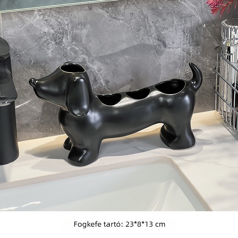 Dachshund alakú kerámia elektromos fogkefetartó és fürdőszobai rendező