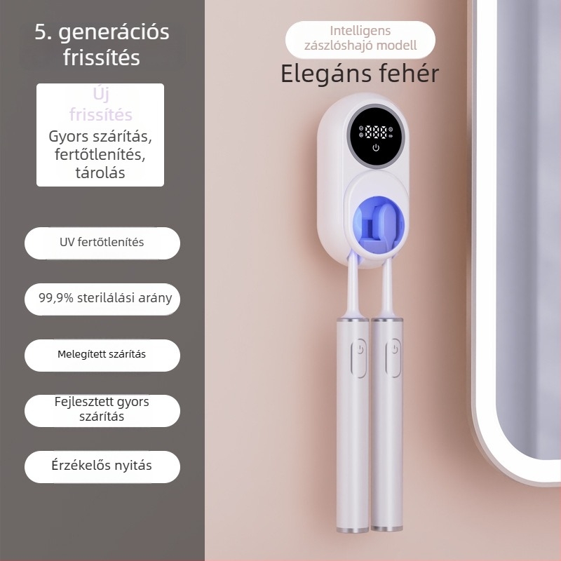 UV-szenzoros fogkefetisztító és szárító rekesz, fúrás nélküli falra szerelhető tartó 1–2 fogkefének