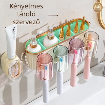 4 rekeszes fogkefetartó, pohár szájvízhez, fogkrém préselő, falra akasztható, műanyagból