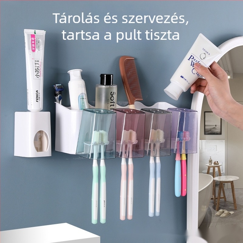 Többfunkciós fogkefetartó kerek alakú átlátszó pohárral, falra szerelhető vákuumos rögzítéssel