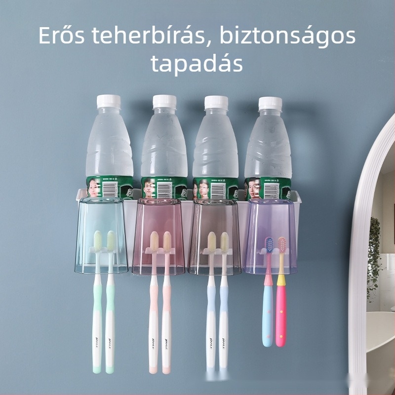 Többfunkciós fogkefetartó kerek alakú átlátszó pohárral, falra szerelhető vákuumos rögzítéssel