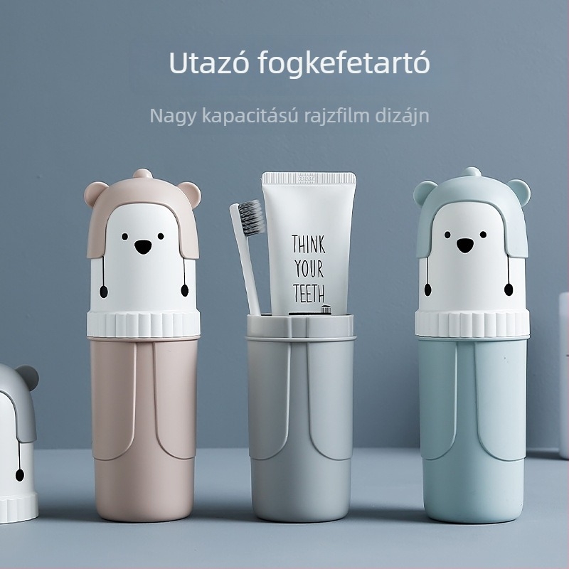 Rajzolt medve fogkefetartó 3 rekesszel, hordozható műanyag tároló és öblítő pohár az utazáshoz
