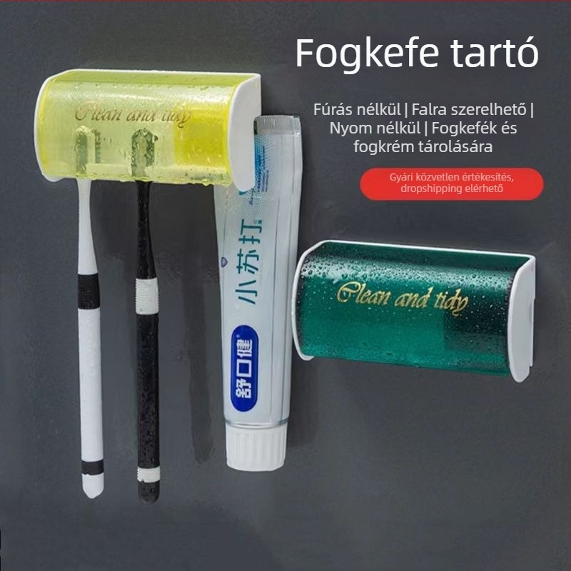 Lyuk nélküli falra szerelhető fogkefetartó fedéllel és fogkrémnyomóval, 2 rekesz, műanyag