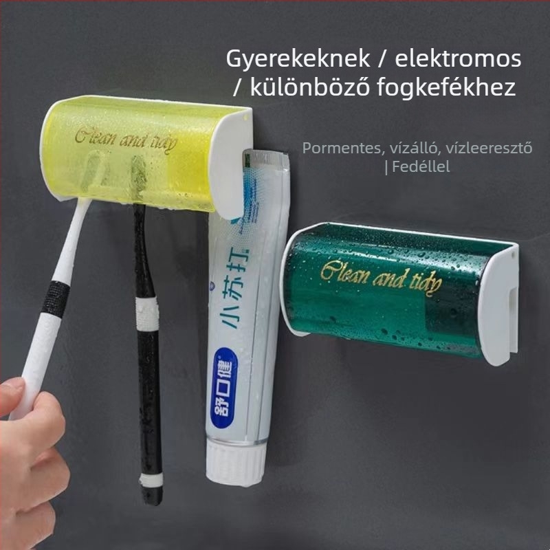 Lyuk nélküli falra szerelhető fogkefetartó fedéllel és fogkrémnyomóval, 2 rekesz, műanyag