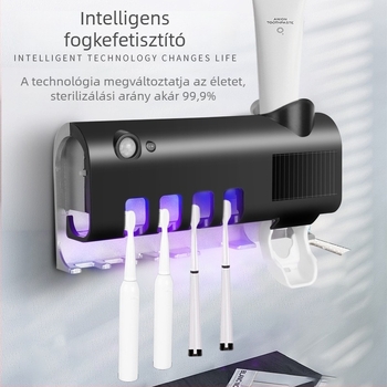 UV sterilizáló fogkefetartó, 5 rekesz, vákuumos rögzítés, tartalmaz fogkrém nyomóval