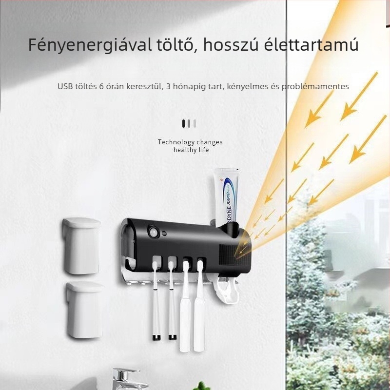 UV sterilizáló fogkefetartó, 5 rekesz, vákuumos rögzítés, tartalmaz fogkrém nyomóval