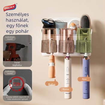 Taili fúrás nélküli fogkefetartó, szájöblítő pohárral és fogkefés pohárral, falra szerelhető fürdőszobai tároló készlet