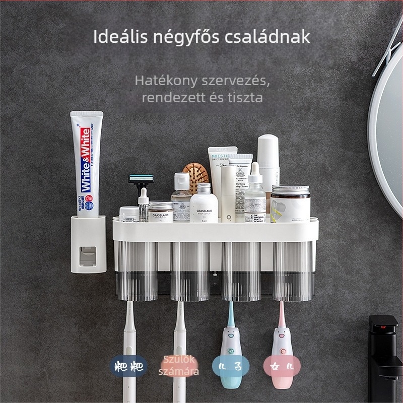 Fali fogkefe tartó – elektromos fogkefe tárolóval, fúrás nélkül, műanyagból, szájöblítő pohárral