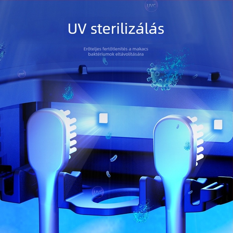 UV-s fogkefet sterilizáló szárítós készülék, elektromos fogkefetartó és pohártartó, fürdőszobai rendező, modell 2025