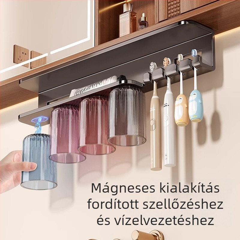 Mágneses fogkefetartó a tükrös szekrény alatt, fejjel lefelé fordított öblítő pohárral és fogkrém-tárolóval | falra szerelhető, szénacél anyag, fúrás nélkül