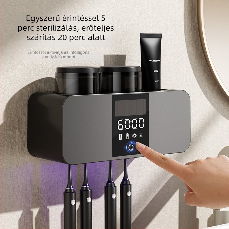 Fogkefetartó UV sterilizálással és szárítással, falra szerelhető, szívó rögzítésű, öblítő pohár készlet