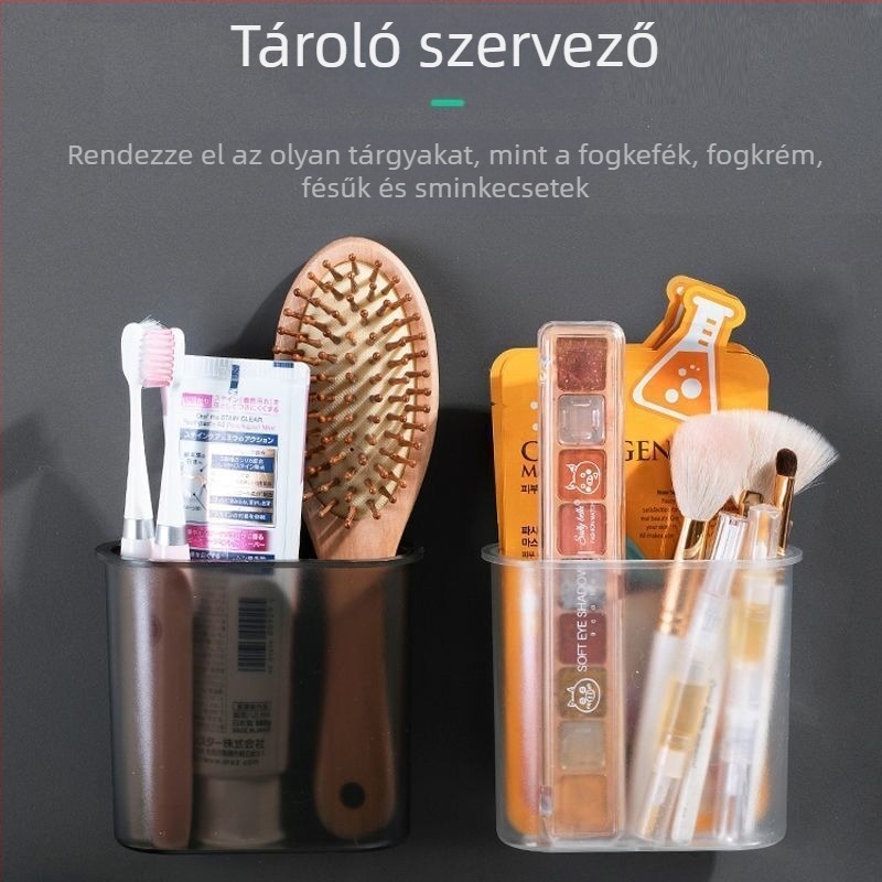 Fali fürdőszobai fogkefetartó, vízelvezetéssel, fúrás nélküli telepítés, alkalmas fogkefékre és fogkrémre
