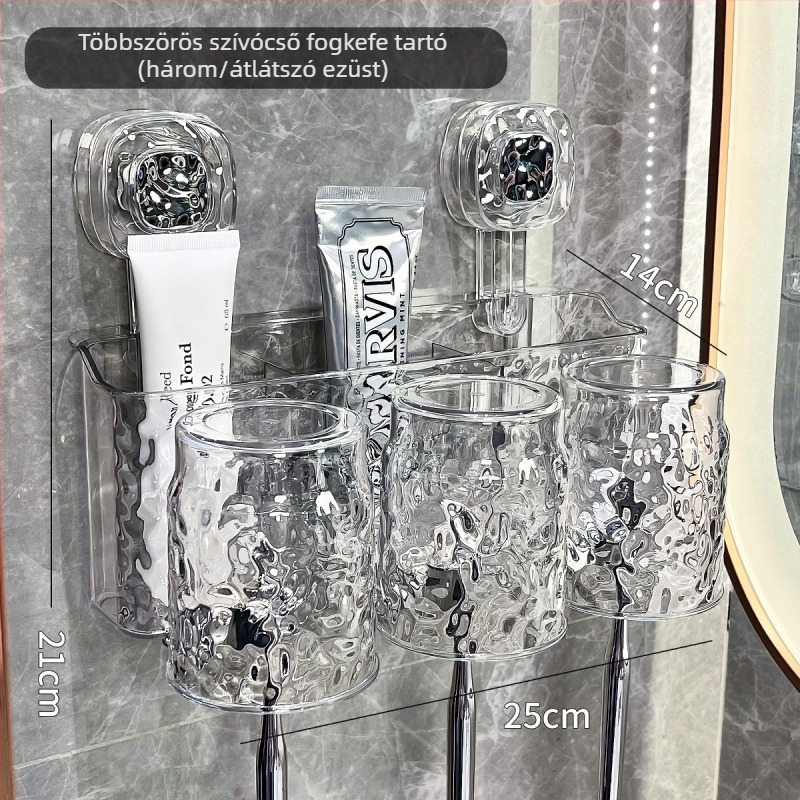 Fogkefe tartó UV sterilizációval, falra szerelhető vákuumos rögzítés, testreszabható, tartalmaz fogkefe poharat és fogkrém tartót