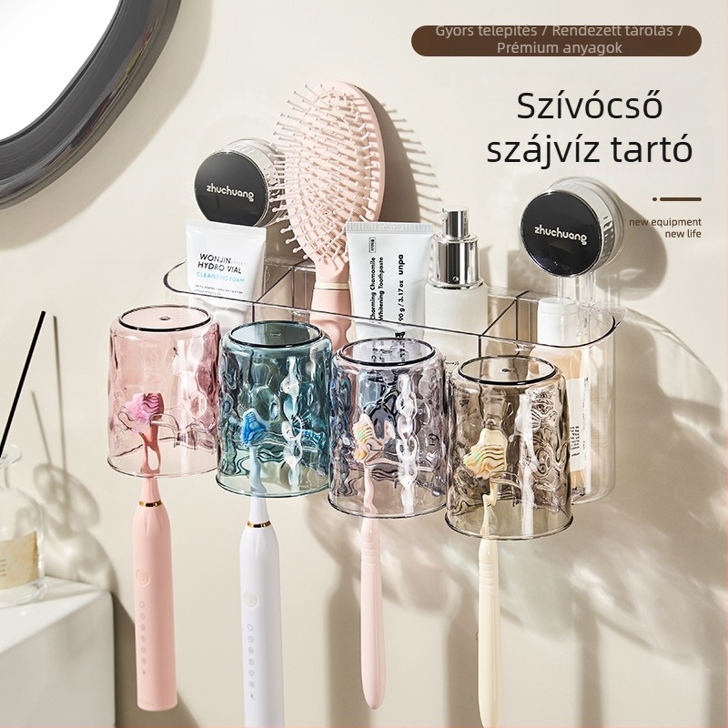 Fali vákuumos fogkefés és pohár tartó – műanyagból, falra szerelhető, testreszabható logóval