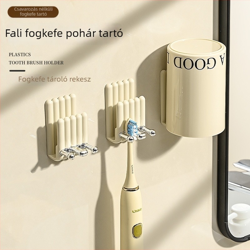 Fali tartó elektromos fogkefékhez, fúrás nélkül, műanyagból, pohár öblítéshez, Thunder márka