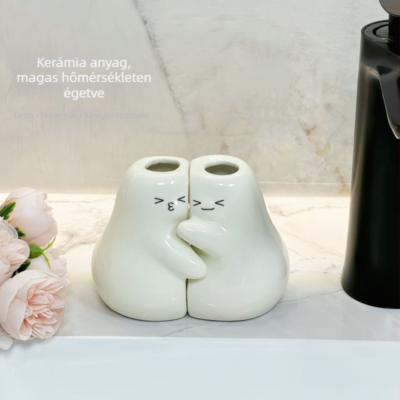 Két darabos kerámiás fogkefetartó pár, körte alakú, falra felhelyezhető vákuumos rögzítéssel, UV sterilizálás