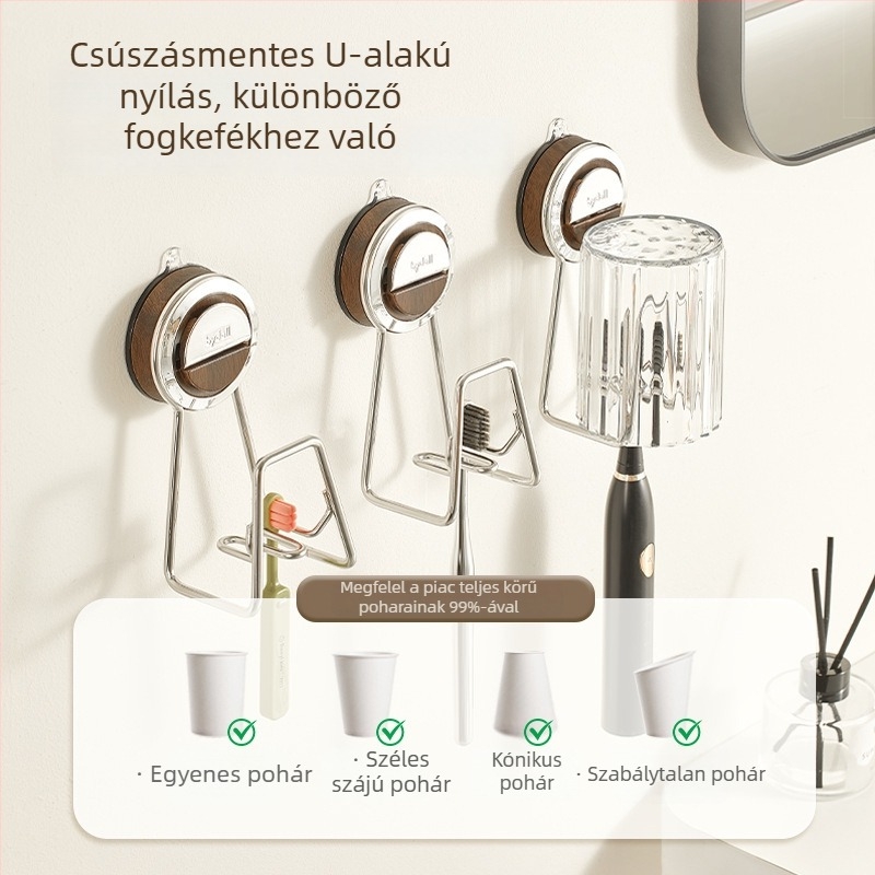 Fali elektromos fogkefetartó ventúziós rögzítéssel, fémből készült kivitel, kompatibilis szájvíz pohárral