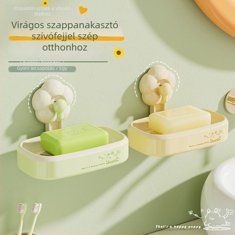 Virágmintás szappantartó, falra szerelhető, perforált lefolyó, dupla tárolópolc, műanyag, Yumu márka