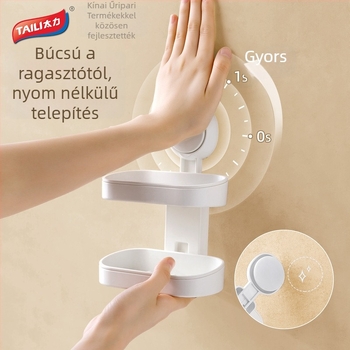 ABS-anyagú falra szerelhető szappontartó szívókorongos rögzítéssel, dupla réteg, csatornázás nélkül, fúrás nélküli telepítés