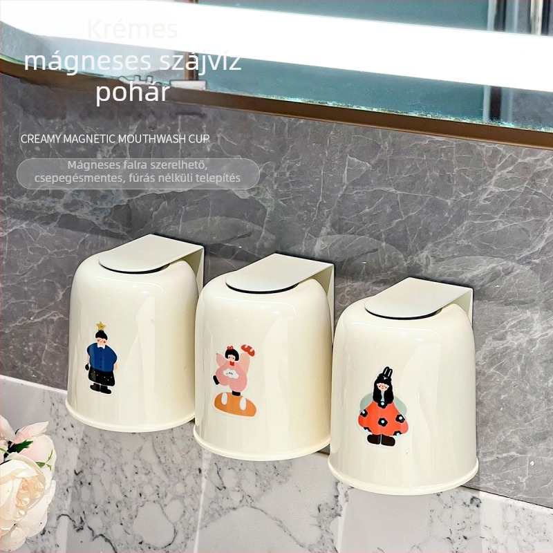 Fali fogkefetartó, fúrás nélküli rögzítés, műanyagból, pohár szájvízhez tartóval
