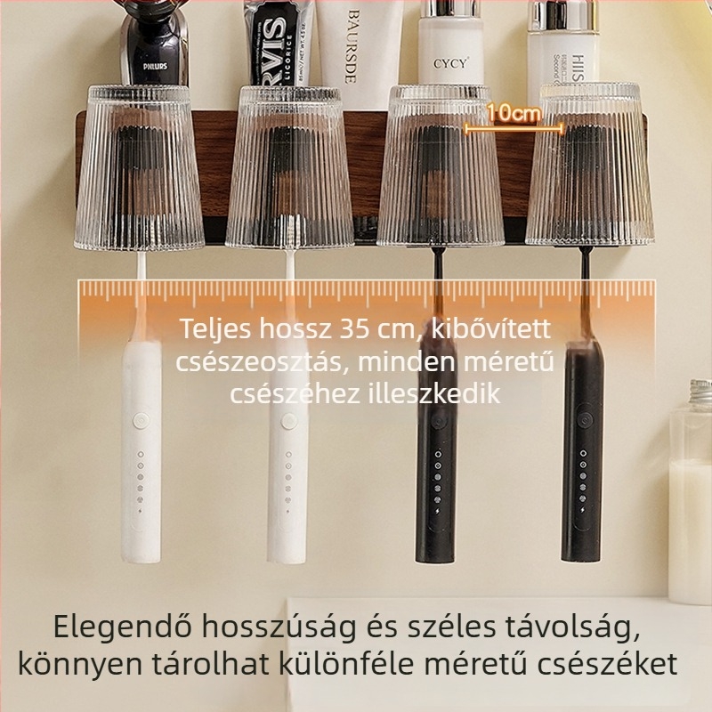 Diófából készült fogkefetartó leválasztható, mosható tárolóval és öblítő pohárral, fúrás nélkül – fürdőszobai kiegészítő elektromos fogkeféhez
