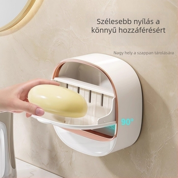 Fali szappantartó fedéllel, vízelvezetéssel, PP anyagból, fúrás nélküli szerelés, szívókoronggal