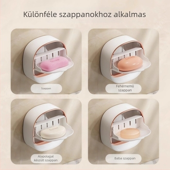 Fali szappantartó fedéllel, vízelvezetéssel, PP anyagból, fúrás nélküli szerelés, szívókoronggal
