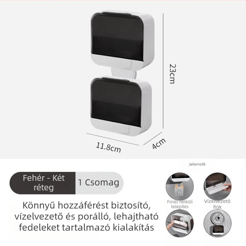 Siyang falra szerelhető szappantartó lefolyóval és fedéllel, vákuumos rögzítés, PP