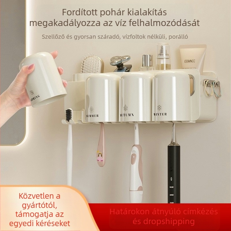 Falra szerelhető készlet fogkefék és pohár szájvíz, műanyag, fúrás nélküli rögzítés, logó nyomtatva, testreszabható