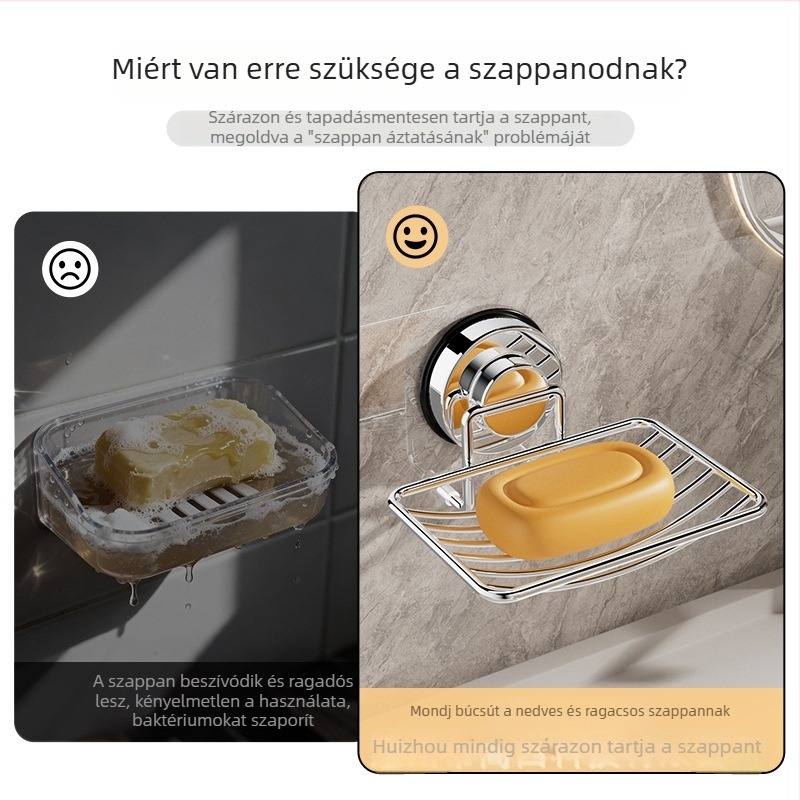 Rozsdamentes acél szappantál, falra szerelhető szívófejjel, fúrás nélkül, vízelvezetés