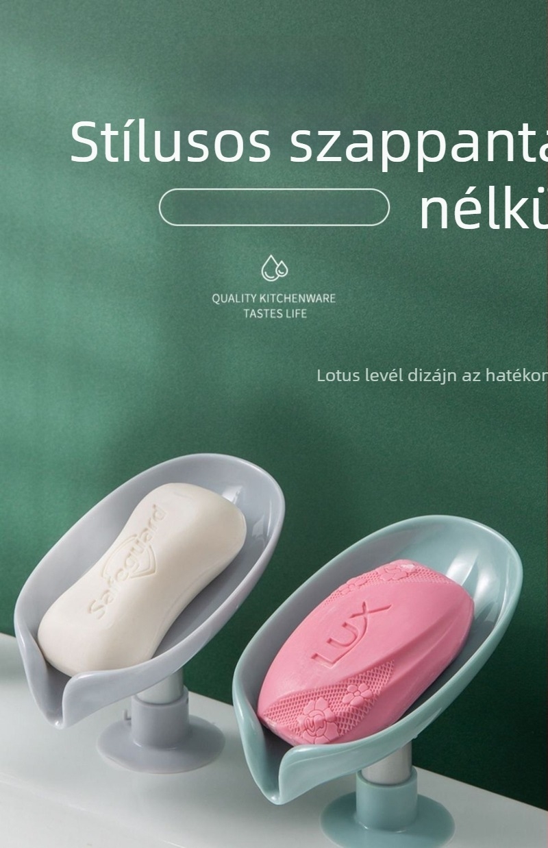 Műanyagból készült falra szerelhető szappantál szívókoronggal és lefolyó tálcával, kivitel fúrás nélkül