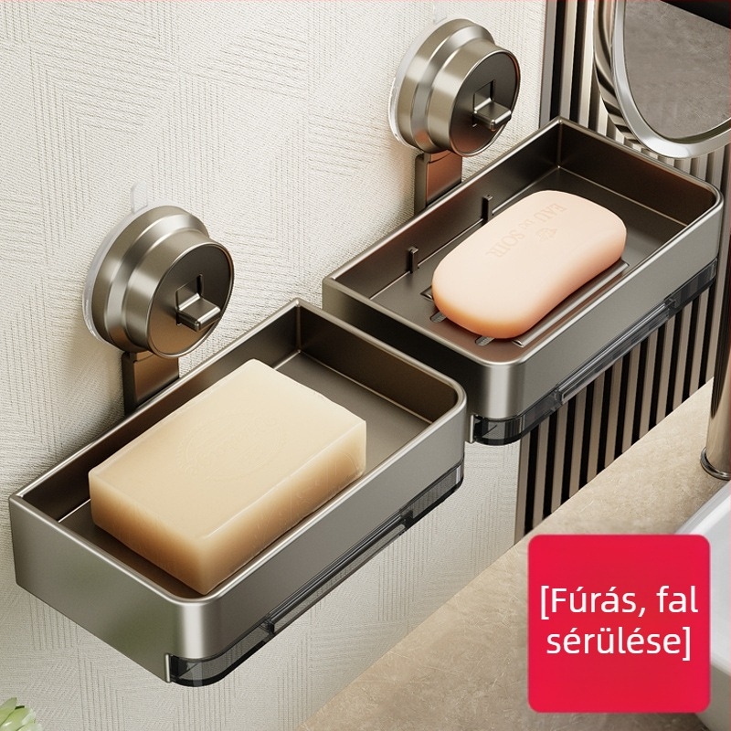 Rozsdamentes acélból készült falra szerelhető szappontartó szívócsapokkal, fürdőszobai levezető polccal, kézzel készített