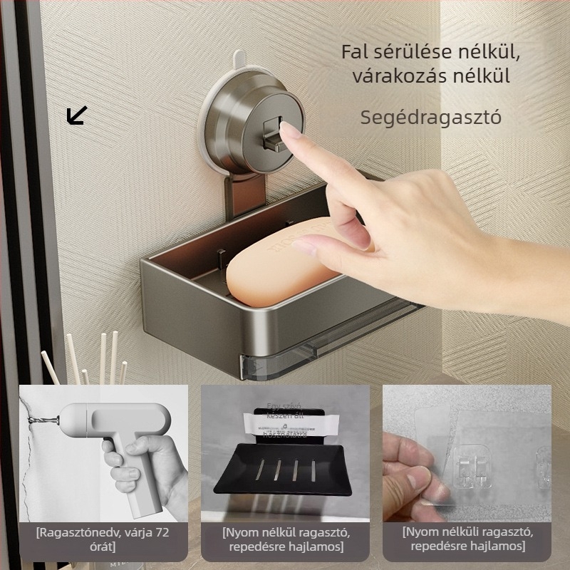Rozsdamentes acélból készült falra szerelhető szappontartó szívócsapokkal, fürdőszobai levezető polccal, kézzel készített