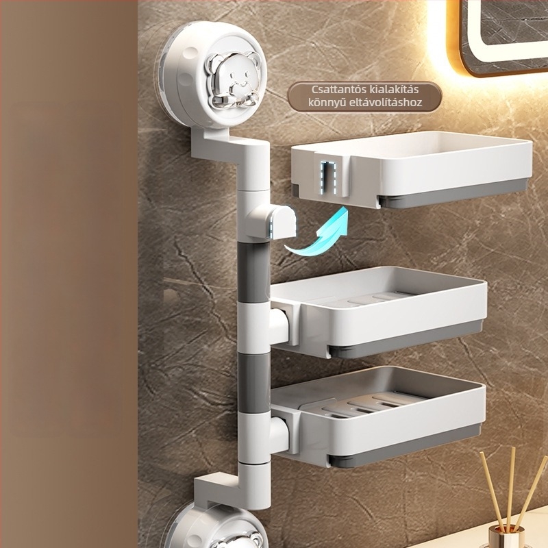 Fürdőszobai szappontartó vákuumos rögzítéssel, falra szerelhető, forgatható, levehető polccal (Anyag: műanyag, PVC; Rögzítés: vákuum; Forgatás: forgatható; Levehető polc)