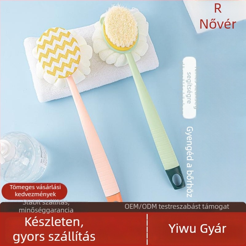 Hosszú nyelű kétoldalas zuhanykefe, puha sörtékkel, hátmasszázs, PP