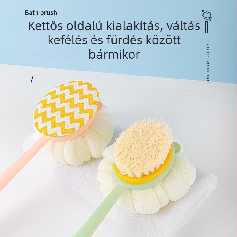 Hosszú nyelű kétoldalas zuhanykefe, puha sörtékkel, hátmasszázs, PP