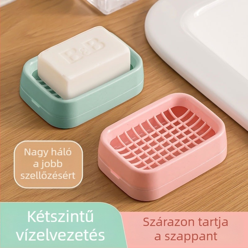 Két rétegű műanyag szappan-doboz fedéllel, lefolyóval, utazáshoz és fürdőszobához