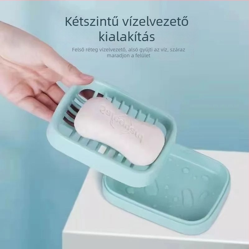 Két rétegű műanyag szappan-doboz fedéllel, lefolyóval, utazáshoz és fürdőszobához