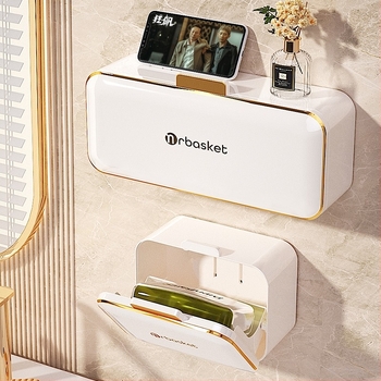 Fali szappontartó fedéllel, ABS anyagból, fúrás nélkül, vákuumos rögzítés, dupla összecsukható tároló