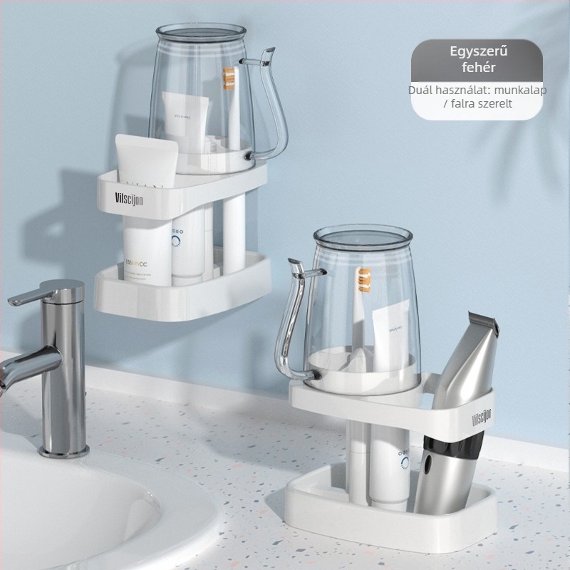 Fali fogkefés és pohár tartó, fúrás nélküli fürdőszobai rendező, műanyag, logónyomtatás és testreszabás