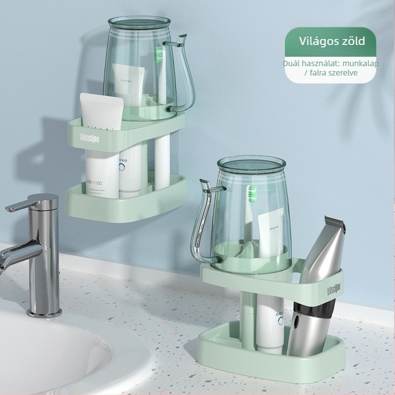 Fali fogkefés és pohár tartó, fúrás nélküli fürdőszobai rendező, műanyag, logónyomtatás és testreszabás