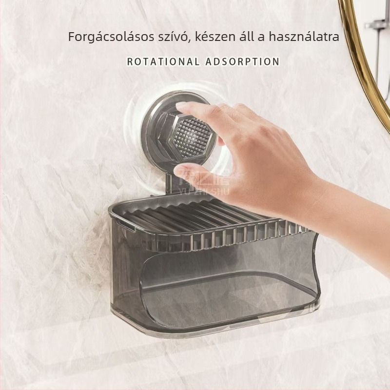 Fali szappanadagoló doboz szívókorongokkal és fedéllel, két szint, lefolyó, ABS anyagból