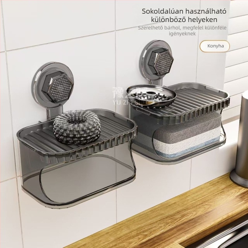 Fali szappanadagoló doboz szívókorongokkal és fedéllel, két szint, lefolyó, ABS anyagból